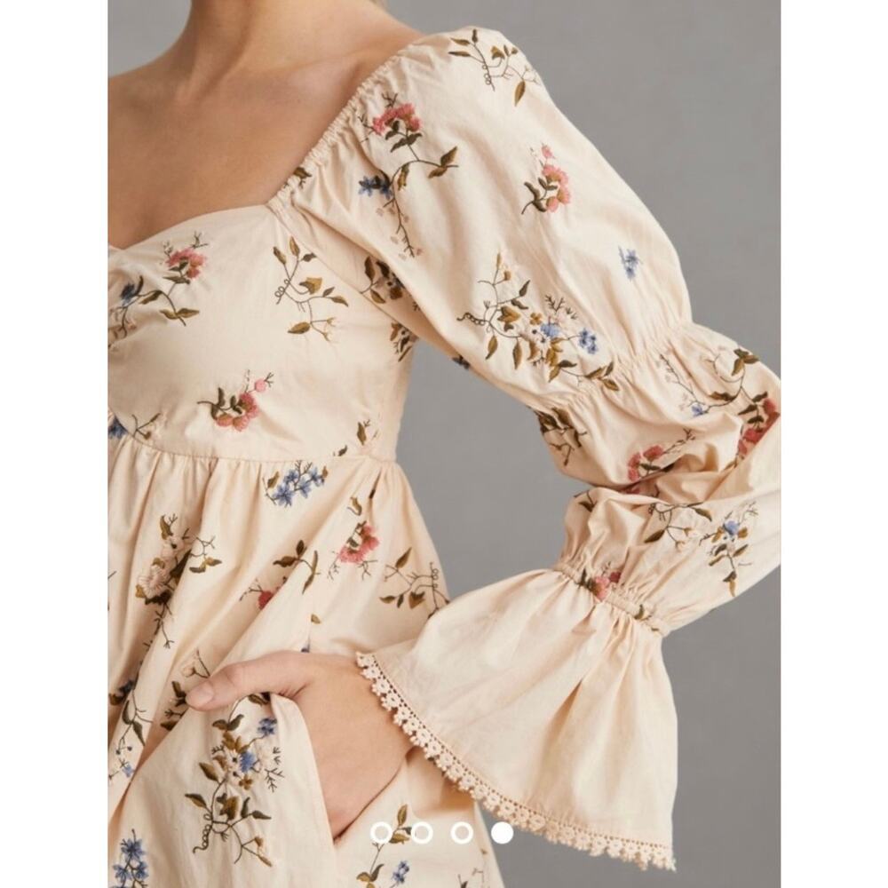 Anthropologie Small Floral Embroidered Babydoll Mini Dress Romantic Cottagecore